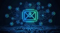 Digital email marketing network with glowing circuit board design and connected communication icons for business technology solutions.