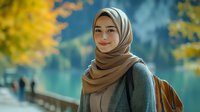 Young Middle Eastern woman in hijab smiling outdoors with backpack, wearing casual sweater against autumn background with yellow foliage and blurred lake view.