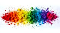 Vibrant rainbow spectrum of colorful powder pigments arranged in a horizontal line against white background, ideal for creative design projects.