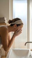 Woman with brown hair wearing beige headband washing face with water at bathroom sink near window, skincare routine and morning hygiene concept.