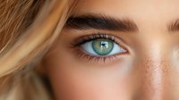 Close-up of woman's green eye with blonde hair and natural freckles, showcasing detailed iris and eyelashes in soft lighting for beauty advertising.