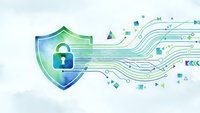 Digital security shield with lock symbol and circuit board patterns representing cybersecurity protection and data encryption technology solutions.