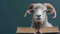 Ram with curved horns reading an open book against dark teal background, concept for animal intelligence, education, and wisdom.