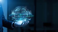Businessman holding glowing digital globe with holographic city skyline and data network visualization, representing global technology, smart cities, and digital transformation innovation.