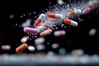 Colorful pharmaceutical capsules and pills floating in dark space with powder splash effect, dramatic medical concept on black background.