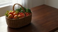 Wicker basket filled with fresh organic vegetables including tomatoes, carrots, and leafy greens on wooden table near window for farmers market or grocery shopping concepts.