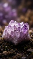 Purple amethyst crystal cluster formation on natural soil with bokeh background for healing meditation and spiritual wellness practices.