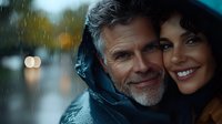 Happy mature Caucasian man with beard and young Hispanic woman smiling together under umbrella during rain shower on city street with bokeh lights.