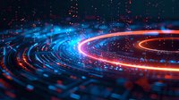 Abstract digital technology background with glowing neon curves and particles. Dynamic light trails create futuristic circular pattern perfect for tech, innovation and digital transformation concepts.
