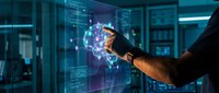 Male professional interacting with holographic brain interface in modern data center server room with digital network connections and futuristic technology.