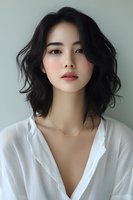 Young Asian woman with wavy black shoulder-length hair wearing white blouse and delicate necklace against light background. Natural makeup and soft lighting create elegant portrait.