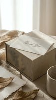 Elegant linen gift box with a thank you card in neutral tones, surrounded by dried leaves and soft natural light for a cozy aesthetic.