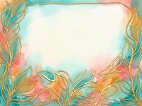 Watercolor floral frame with flowing leaf borders in turquoise, gold, and coral tones on white background. Isolated design element suitable for invitations, greeting cards, and social media graphics.