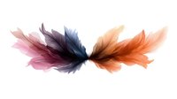 Ethereal feathers in soft pink, navy blue and orange tones creating symmetrical wing-like shapes against white background, isolated design element for creative projects.