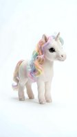 White plush unicorn toy with rainbow mane and tail isolated on white background for children's products and fantasy themed designs.