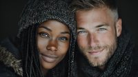 Young interracial couple in warm winter clothing smiling together against dark background. African American woman and Caucasian man wearing knit hats and scarves.