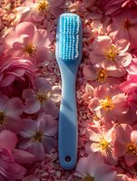 Blue plastic toothbrush on pink cherry blossom petals background with soft natural lighting creating romantic spring atmosphere for dental care concept.