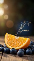 Fresh orange slice and blueberries with vitamin D molecular structure diagram on wooden surface for nutrition education and healthy lifestyle content.