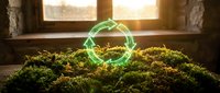Glowing recycling symbol resting on vibrant moss with sunlit window backdrop, representing environmental sustainability and eco-friendly concepts for green business marketing.