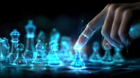 Glowing blue chess pieces on dark background with hand moving pawn, representing strategy and artificial intelligence in business decision making process.