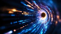 Digital tunnel with glowing blue and orange light streams radiating from central dark circle, creating dynamic motion effect for technology and data transfer concepts.