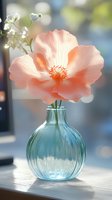 Delicate peach-colored flower in full bloom displayed in round blue glass vase with baby's breath against soft bokeh background. Sunlight creates dreamy atmosphere.