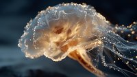 Glowing translucent jellyfish with golden light illumination floating in dark blue ocean water creating magical underwater marine life scene.