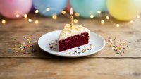 Slice of red velvet cake with golden candle on white plate surrounded by colorful confetti and fairy lights creating festive birthday celebration atmosphere.