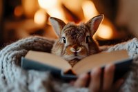 Adorable brown bunny rabbit peeking over open book wrapped in cozy knit blanket against warm bokeh lights background, creating magical reading atmosphere.