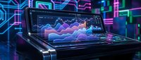 Laptop displaying colorful financial charts and stock market graphs with neon blue and purple lighting effects in background, suitable for business, finance, trading, and technology concepts.