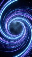Glowing neon spiral vortex with concentric rings of blue and purple light particles swirling around a dark center, creating a hypnotic tunnel effect against a starry night sky background.