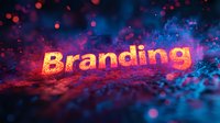 Glowing orange text spelling branding against dark background with blue and red bokeh lights creating magical atmosphere for marketing and business concepts.