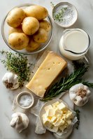 Fresh ingredients for potato gratin with raw potatoes, cheese, cream, butter, garlic, herbs and salt on marble surface.