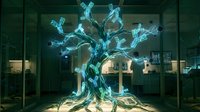 Glowing neon tree with electric blue branches and luminous roots in modern gallery space, perfect for contemporary art, technology, and futuristic design projects.