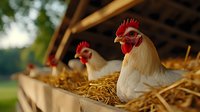 White hens sitting in wooden nesting boxes filled with straw in rustic chicken coop for organic farm poultry and egg production concept.
