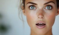 Close up portrait of young Caucasian woman with natural freckles, blue eyes, and fresh glowing skin showing surprised expression. Soft beauty makeup and blurred background.