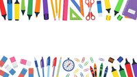 Colorful school supplies and stationery arranged on white background, including markers, pencils, scissors, ruler, clock, and notebooks for educational design projects.