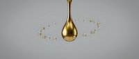 Golden liquid drop falling with splash creating smaller droplets on neutral background for luxury cosmetics and skincare product advertising.