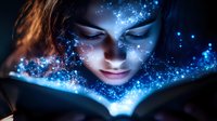 Magical glowing book emits ethereal blue light and sparkles while young woman reads in darkness, creating mystical atmosphere for fantasy and imagination.