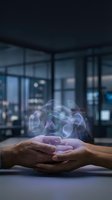 Cupped hands holding glowing holographic brain in modern office environment representing artificial intelligence and innovation in business technology.