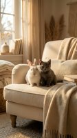 Adorable white rabbit and gray kitten sitting together on cozy beige armchair in warm sunlit living room with soft natural lighting and home decor.