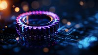 Glowing mechanical gear wheel with purple and blue neon illumination on circuit board background with bokeh lights. Modern technology concept for engineering designs.