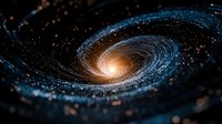 Spiral galaxy with glowing center in deep space, swirling cosmic dust and stars creating mesmerizing pattern against dark universe background. Suitable for astronomy projects.
