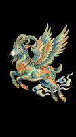 Ornate winged goat mythical creature with colorful swirling patterns, isolated on transparent background, ready for t-shirt design, stickers, and print on demand.