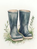 Watercolor illustration of navy blue rubber boots surrounded by delicate green foliage and grass, standing on white background, garden footwear for rainy weather.