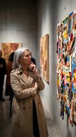 Mature Caucasian woman in beige trench coat contemplating contemporary art in modern gallery space with colorful abstract paintings on white walls.