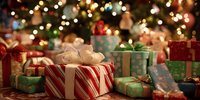 Festive Christmas presents wrapped in colorful paper with bows and ribbons under decorated tree with glowing lights creating warm holiday atmosphere.