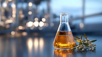 Elegant glass flask with golden liquid and olive branch against blurred bokeh background, moody atmospheric lighting creates luxurious laboratory setting.