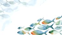 Watercolor fish swimming in school with soft blue and orange tones on white background, marine life artwork for coastal decor and ocean-themed designs.