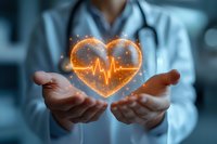 Medical professional holding glowing orange heart with ECG pulse line, symbolizing healthcare, cardiology and healing power in modern hospital setting.